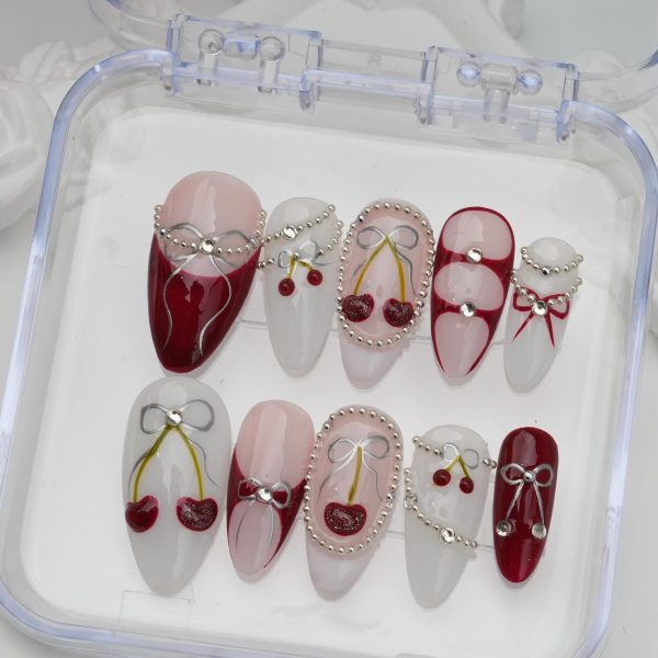 Cherry Ribbon Pearl Nail Sticker Set