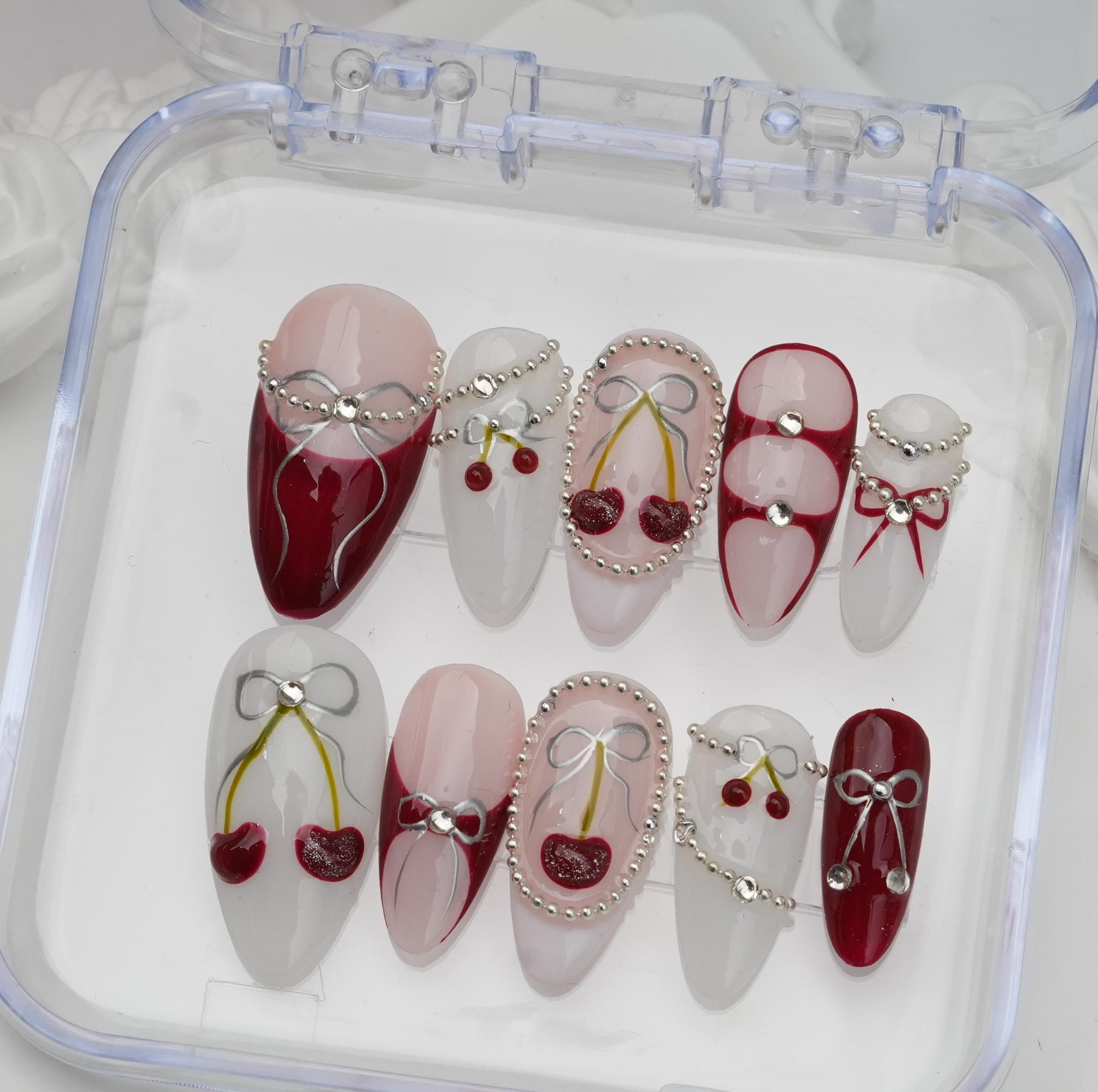 Cherry Ribbon Pearl Nail Sticker Set