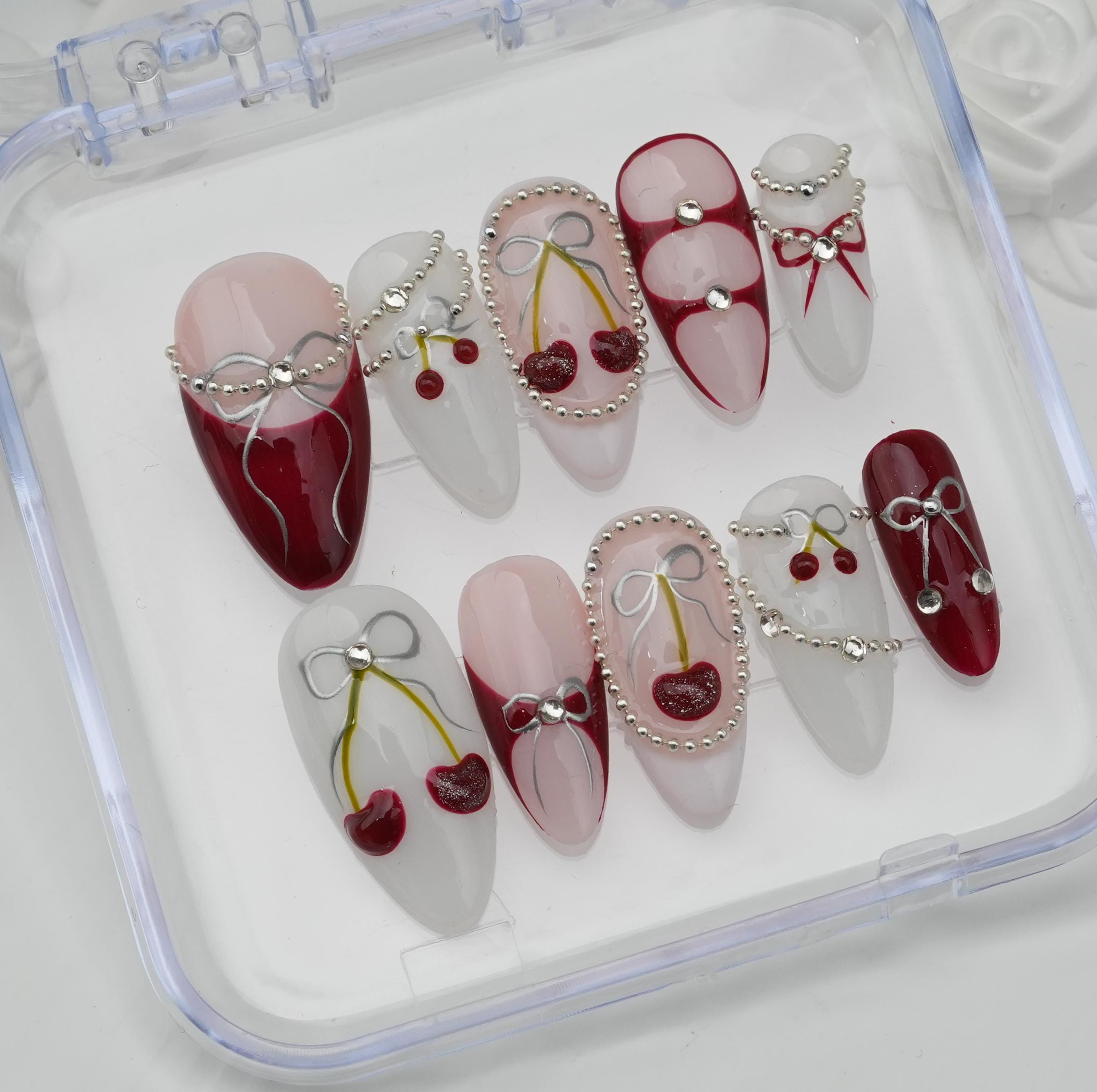 Cherry Ribbon Pearl Nail Sticker Set - Image 4