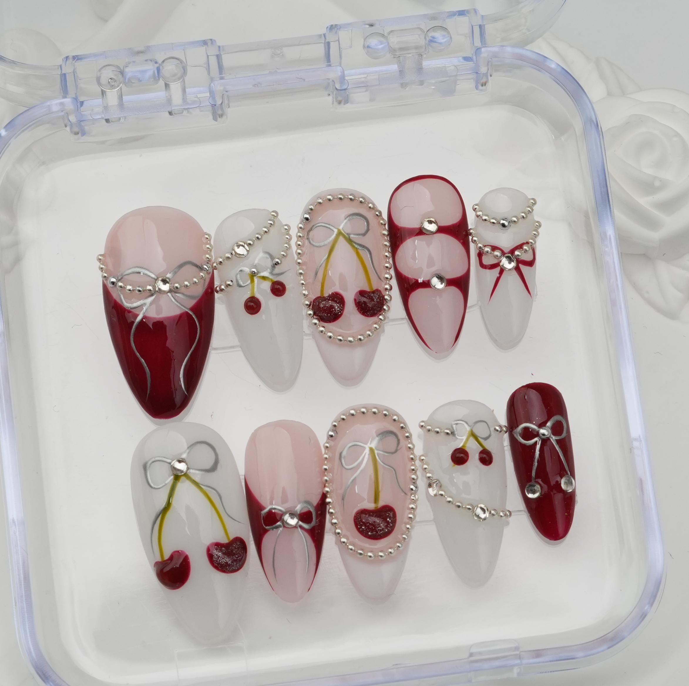 Cherry Ribbon Pearl Nail Sticker Set - Image 3