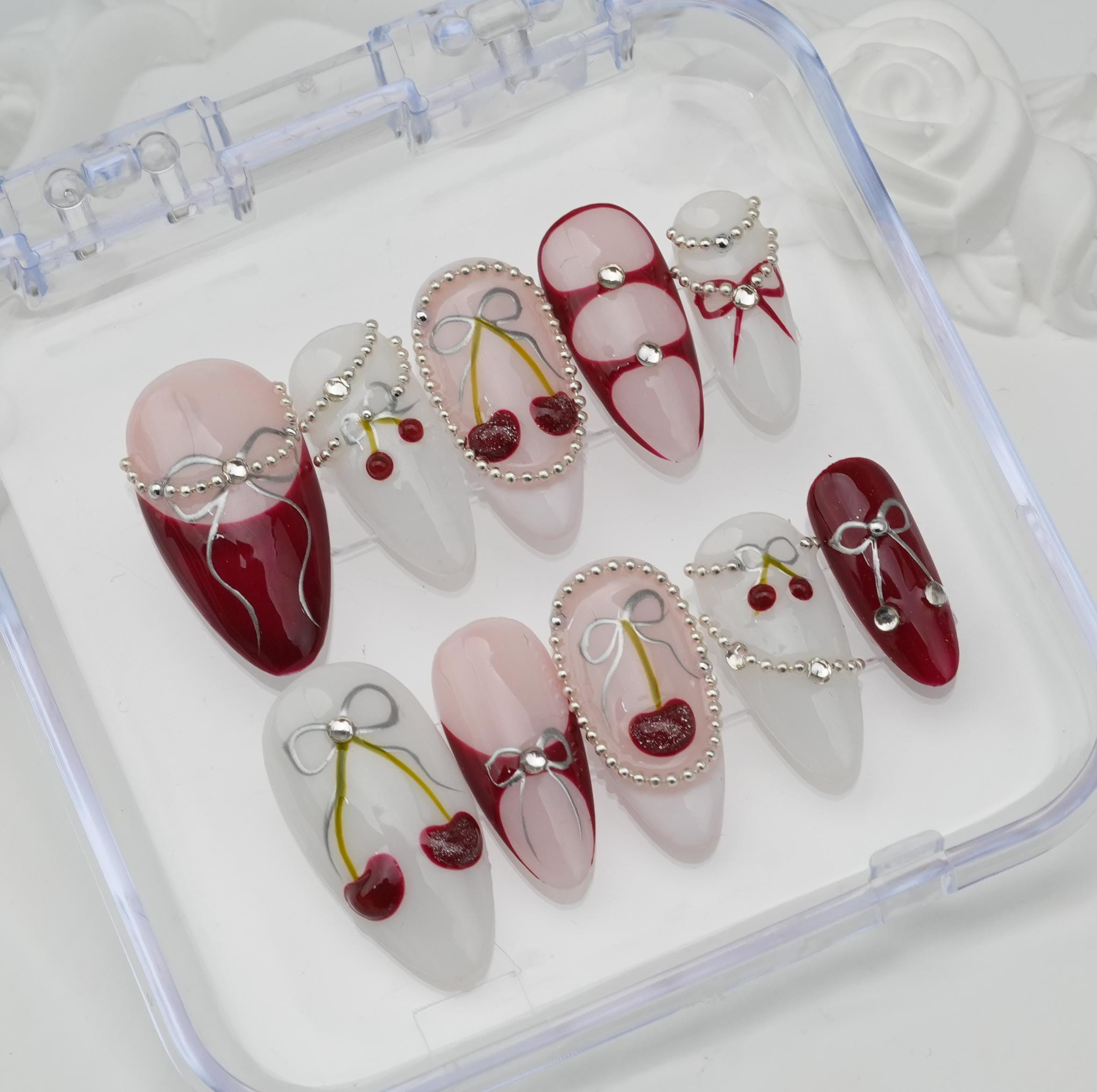 Cherry Ribbon Pearl Nail Sticker Set - Image 2