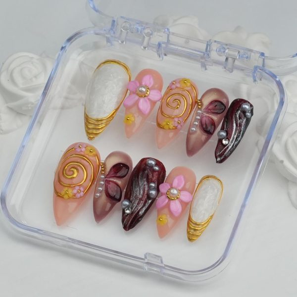 Red Flower Swirl Nail Art Set